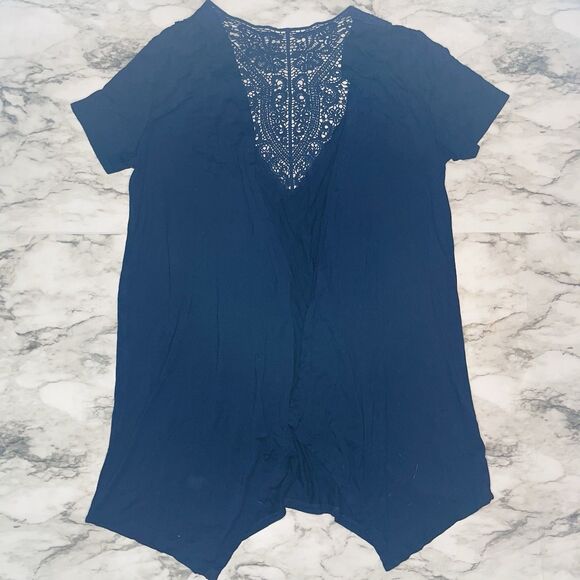 AB Studio Short Sleeve Cardigan Open Front Handkerchief Hem Navy Women S - Picture 1 of 6